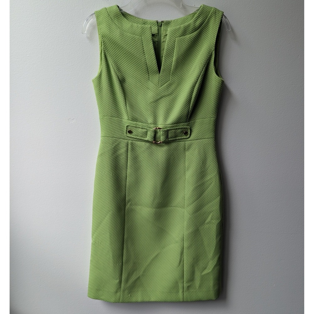 Tahari Arthur S. Levine Dress Green Basketweave Belted Sheath 4P Textured Chic
